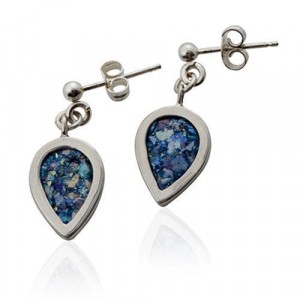 Stud Earrings with Roman Glass & Silver in Drop Shape by Rafael Jewelry Jewish Jewelry