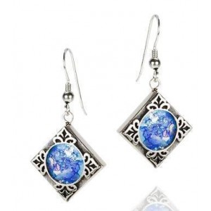 Rafael Jewelry Rectangular Sterling Silver Earrings with Roman Glass & Leaf Ornament