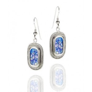 Rafael Jewelry Oval Sterling Silver Earrings with Roman Glass & Filigree Decoration Israeli Jewelry Designers