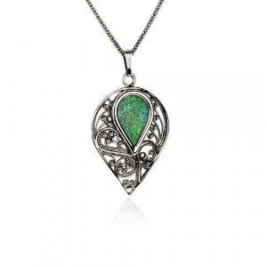 Sterling Silver Pendant in Drop Shape with Roman Glass by Rafael Jewelry Designer Jewish Jewelry