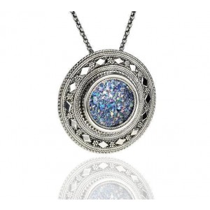 Round Sterling Silver Pendant with Roman Glass & Filigree Rafael Jewelry Designer Jewish Jewelry