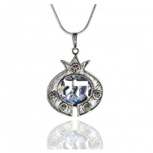 Pomegranate Pendant with Chai in Sterling Silver & Roman Glass-Rafael Jewelry Jewish Jewelry
