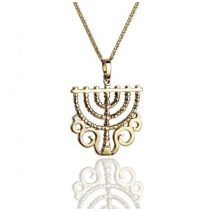14k Yellow Pendant with Seven Branch Menorah Design Rafael Jewelry Designer Jewish Jewelry