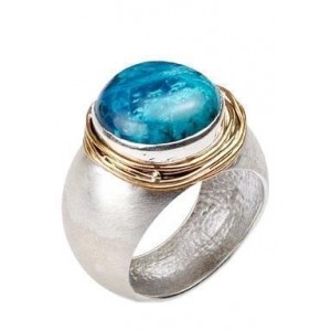 Sterling Silver Ring With Eilat Stone and Gold-Plated Strings by Rafael Jewelry Jewish Rings