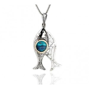Fish Pendant in Sterling Silver with Eilat Stone & Gold-Plating by Rafael Jewelry Israeli Jewelry Designers
