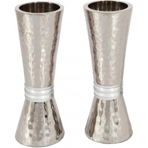 Hammered Nickel Shabbat Candlesticks in Cone Shape with White Ring by Yair Emanuel Shabbat
