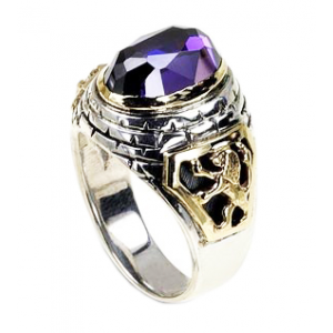 Rafael Jewelry Sterling Silver Ring with Yellow Gold Lion of Judah & Jerusalem Motif and Amethyst Default Category
