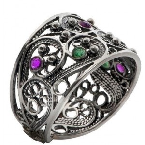 Sterling Silver Ring Filigree & Emeralds and Ruby by Rafael Jewelry Jewish Jewelry