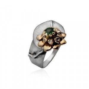 Rafael Jewelry Flower Ring in Sterling Silver and 9k Yellow Gold with Emerald Artists & Brands