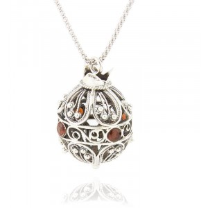 Rafael Jewelry Filigree Pomegranate Pendant in Sterling Silver with Garnet Jewish Jewelry