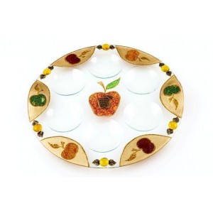 Rosh Hashanah Seder Plate with Apple Motif in Glass Judaica