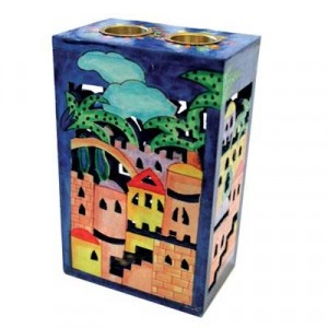 Yair Emanuel Wooden Painted Candlestick Box with Jerusalem Design Candle Holders & Candles