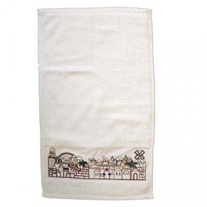 Yair Emanuel Ritual Hand Washing Towel with Embroidered Scene of Jerusalem Artists & Brands
