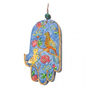 Yair Emanuel Painted Hamsa with Pomegranates and Birds Design Wood Large Artists & Brands