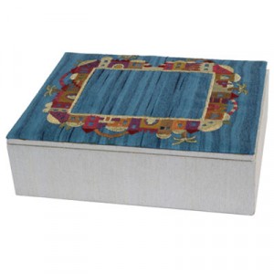 Yair Emanuel Embroidered Jewellery Box With Jerusalem Depictions in Blue Artists & Brands