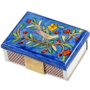 Yair Emanuel Kitchen Sized Wooden Matchbox Holder with Bird Motif Match Box Holders