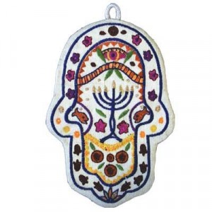 Charming Hamsa Embroidered with Menorah Design by Yair Emanuel - Small
 Jewish Home