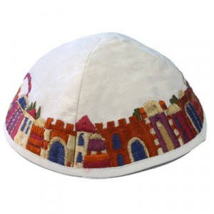 Yair Emanuel White Machine Embroidered Kippah with Jerusalem Design Jewish Occasions