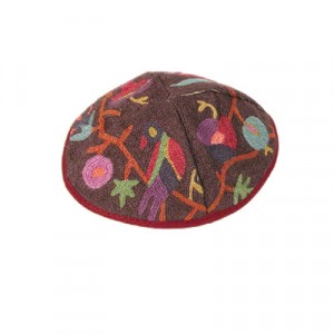Yair Emanuel Bordeaux Cotton Hand Embroidered Kippah with Bird Motif Yair Emanuel