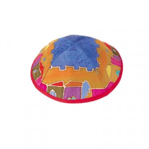 Yair Emanuel Blue, Orange and Red Silk Kippah with Jerusalem motif Kippot