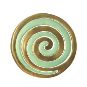 Yair Emanuel Anodized Aluminium Two Piece Trivet Set with Green and Gold Swirl Modern Judaica