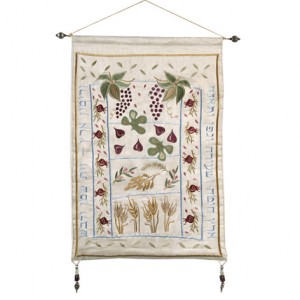 Yair Emanuel Raw Silk Embroidered Wall Decoration with Seven Species in Lt Blue Sukkot