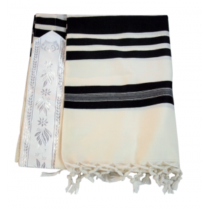 White Shabbat Wool Tallit with Tight Weave and Black Stripes Tallitot