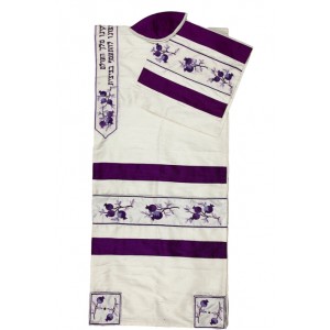 White Silk Tallit with Purple Pomegranates and Hebrew Blessing Modern Judaica
