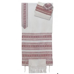 Hand-woven White Wool and Silk Tallit with Red Lines and Diamonds Tallitot