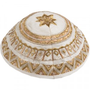 White Kipah by Yair Emanuel with Gold Geometric Embroidery Jewish Occasions