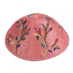 Yair Emanuel Pink Kippah with Colorful Tree Embroidery Yair Emanuel