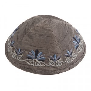 Kipah Yair Emanuel with Date Palm Embroidery in Gray and Blue Judaica