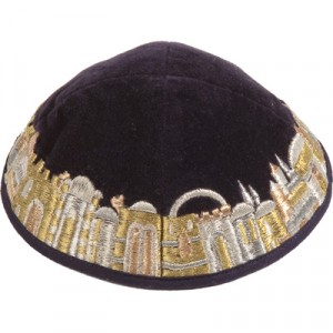 Velvet Yair Emanuel Kippah with Gold Jerusalem Embroidery Judaica