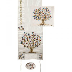 Colorful Yair Emanuel Raw Silk Tallit with Matching Bag and Kippa - Tree of Life Jewish Occasions