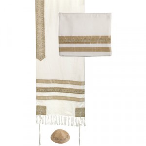Gold Stripes Matching Tallit with Bag and Kippa by Yair Emanuel Tallitot