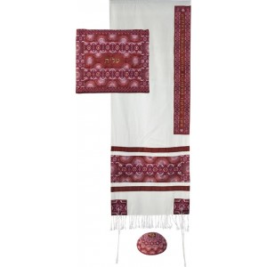 Yair Emanuel Raw Silk Tallit Set with Red Rainbows, Stars of David and Hebrew Text Jewish Occasions