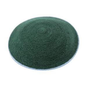 Green DMC Knitted Kippah with Thin Gray Stripe Jewish Occasions