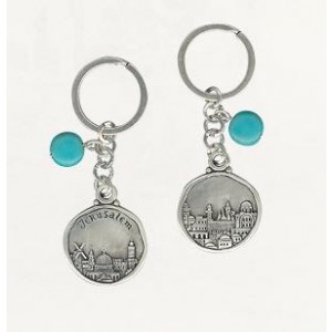Round Silver Keychain with Jerusalem Depiction and Turquoise Gemstones Artists & Brands
