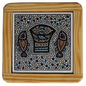 Armenian Wooden Coaster with Mosaic Fish & Bread Jewish Home