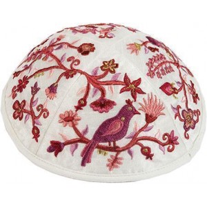 Kippah with Red Embroidered Birds & Flowers- Yair Emanuel  Judaica