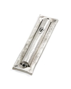 Silver Mezuzah with Hammered Pattern, Hebrew Letter Shin and Dotted Lines Judaica