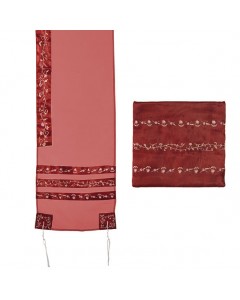 Red Floral Embroidery Organza Tallit with Bag by Yair Emanuel Jewish Occasions