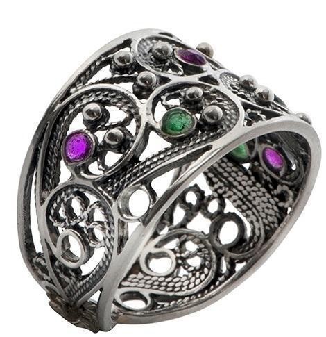 Sterling Silver Ring Filigree & Emeralds and Ruby by Rafael Jewelry