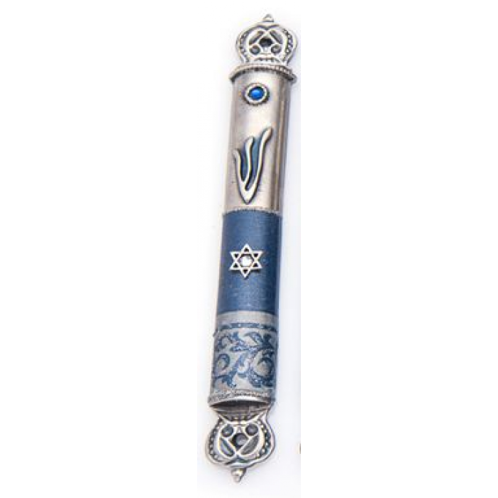 Pewter Mezuzah in Silver and Blue with Star of David