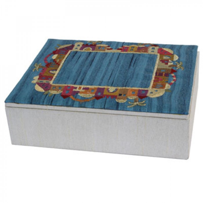 Yair Emanuel Embroidered Jewellery Box With Jerusalem Depictions in Blue
