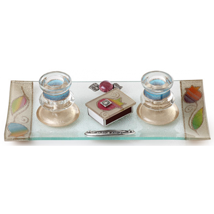 Shabbat Candlestick Set with Multi-Colour Design and Matchbox