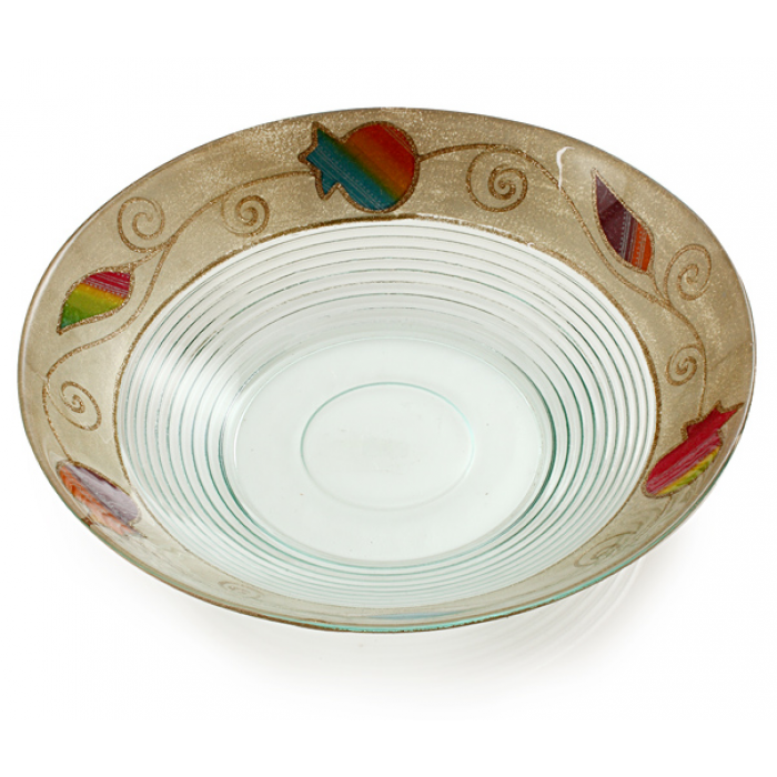 Glass Serving Bowl with Ridged Design and Coloured Pomegranates