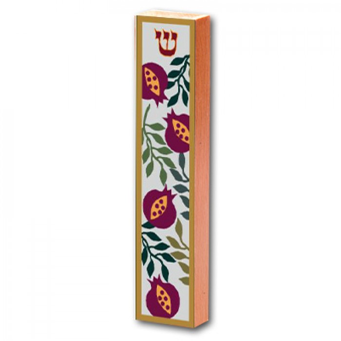 Gold Bordered, Large Pomegranates and Olive Branches Decorated Mezuzah