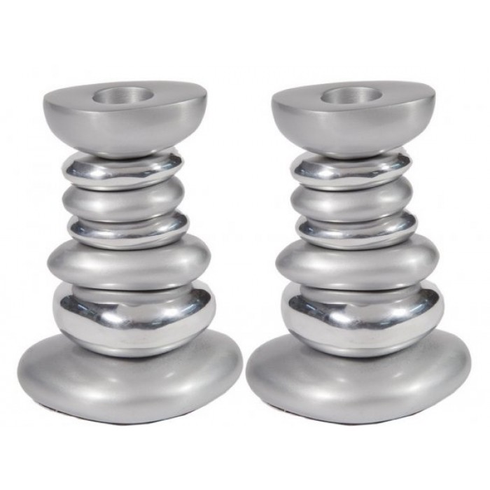 Yair Emanuel Anodized Aluminum Shabbat Candlesticks with Silver Tower Pattern