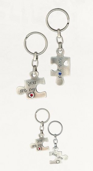 Silver Puzzle Keychain with Hearts and Inscribed English Text